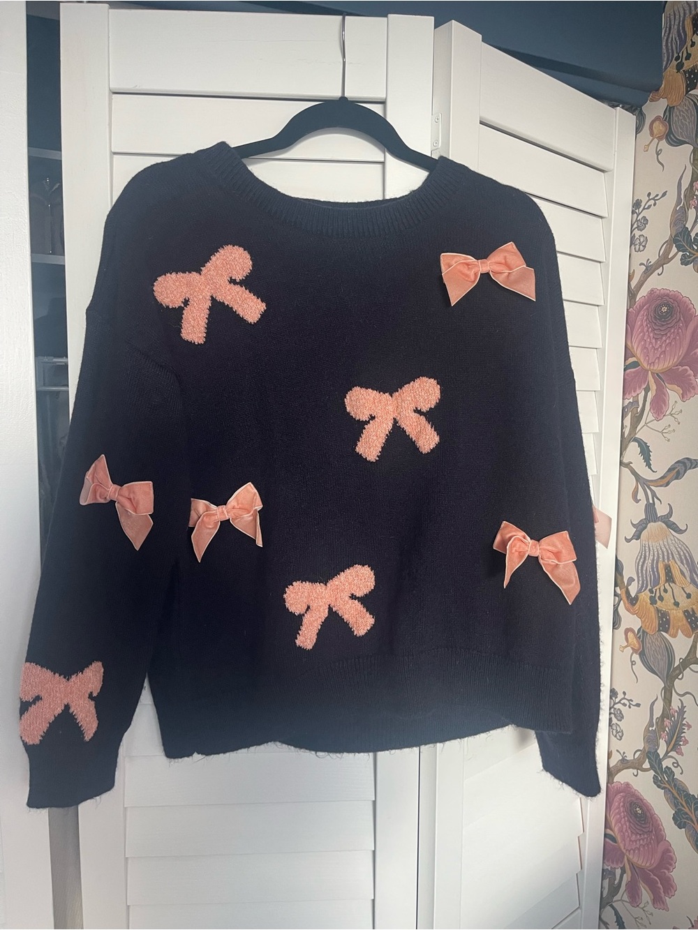 Anthropologie Black Sweater with Pink Bow Appliqués